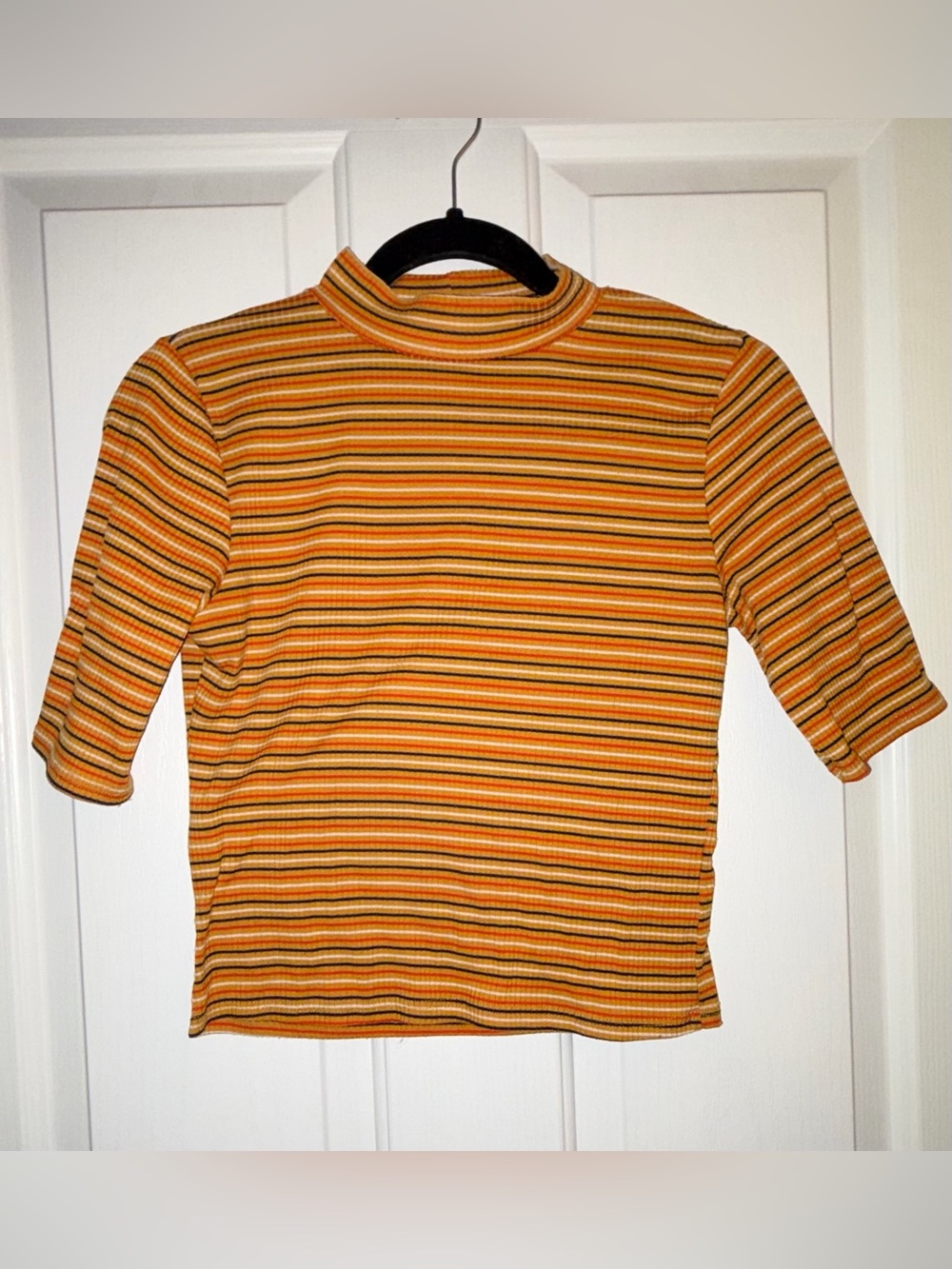 Olivia Rae Striped Mock Neck Tee in Yellow and Orange